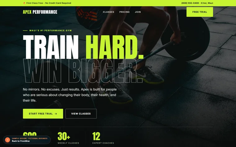 Screenshot of the Apex Performance sample site, a Maui fitness studio concept homepage